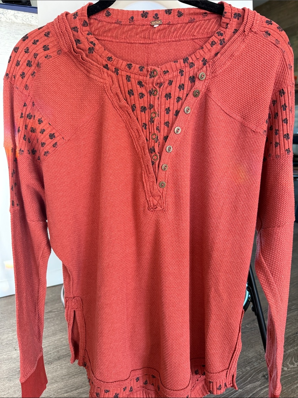 Free People Rust Red Textured Henley Sweater.. Size S.. P2P 23” oversized